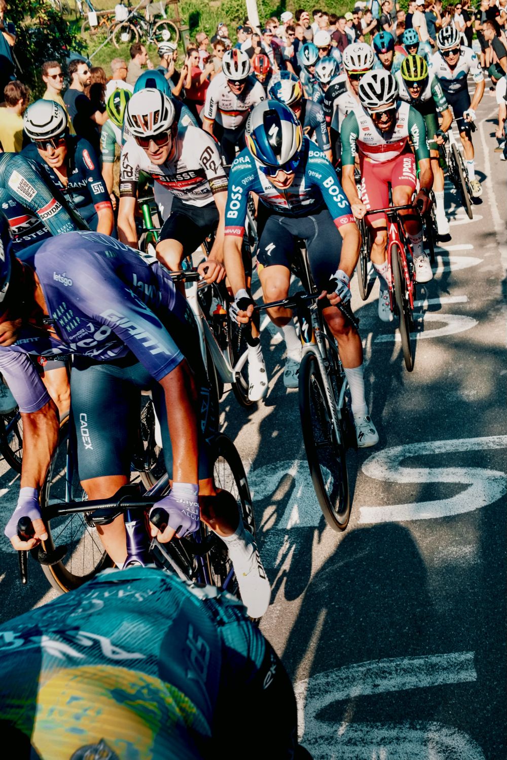Peloton sur une route couverte d'inscriptions de supporters
